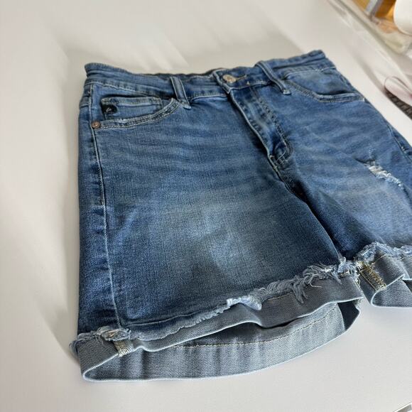 KanCan Women's Two Tone Distressed Jean Shorts Size 28 Rolled Hem Cuff - Picture 2 of 13